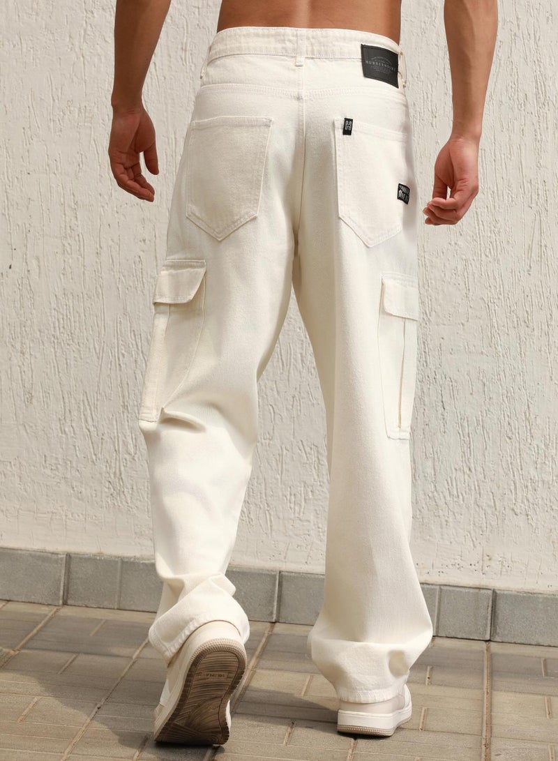 Hubberholme Men's Ecru 100% Cotton Bleached Full Length Loose Jeans - Image 3