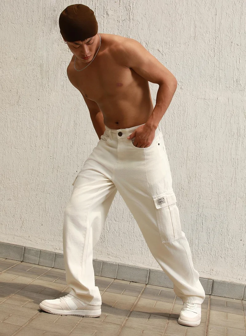 هوبرهولمي Men's Ecru 100% Cotton Bleached Full Length Loose Jeans