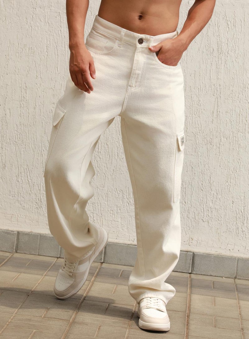 Hubberholme Men's Ecru 100% Cotton Bleached Full Length Loose Jeans - Image 2