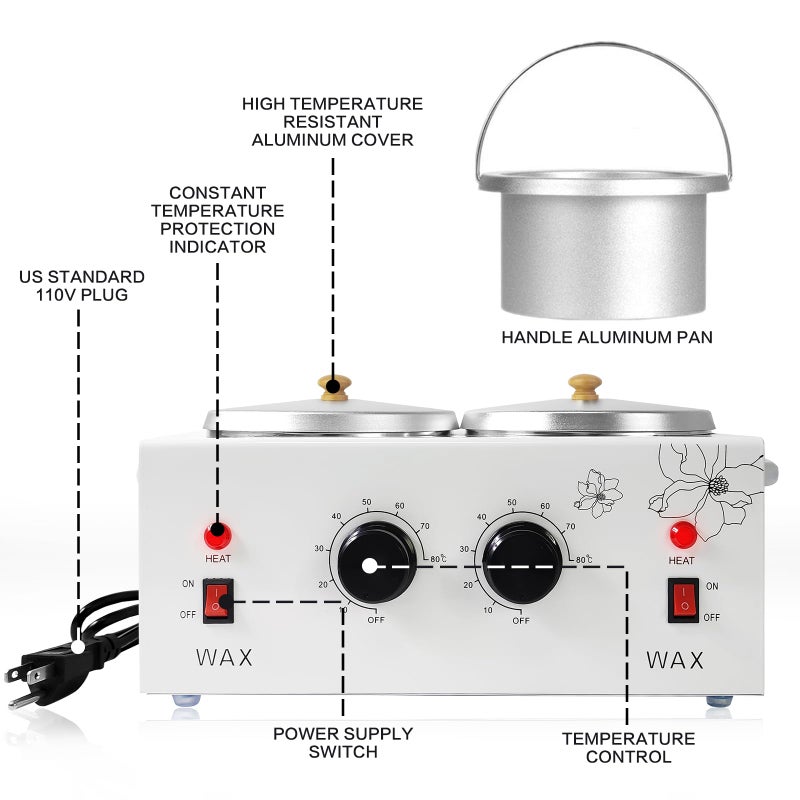 folconroad 1.2L Double Portable Wax Warmer Machine for Painless Hair Removal, Women Men Professional Wax Heater with Adjustable Temperature Set, 40pcs Sticks - Image 2