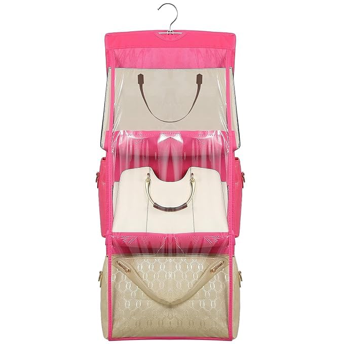 HANGING HANDBAG ORGANIZER DUSTPROOF STORAGE HOLDER BAG WARDROBE CLOSET FOR PURSE CLUTCH WITH 6 POCKETS PINK NON WOVEN FABRICMATTE
