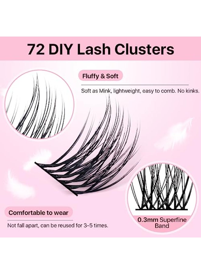 Miuffue DIY Eyelash Extensions 72 PCs Cluster Lashes Super Thin Band Soft Mixed Tray Wispy Individual Lashes Fluffy C816mix - Image 3