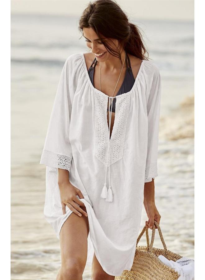 Loquat Cotton Lace Loose Bikini Beach Jacket, Holiday Wear (4 Colors Available)-Color:White- - Image 1