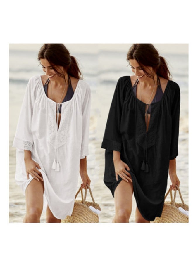 Loquat Cotton Lace Loose Bikini Beach Jacket, Holiday Wear (4 Colors Available)-Color:White- - Image 2