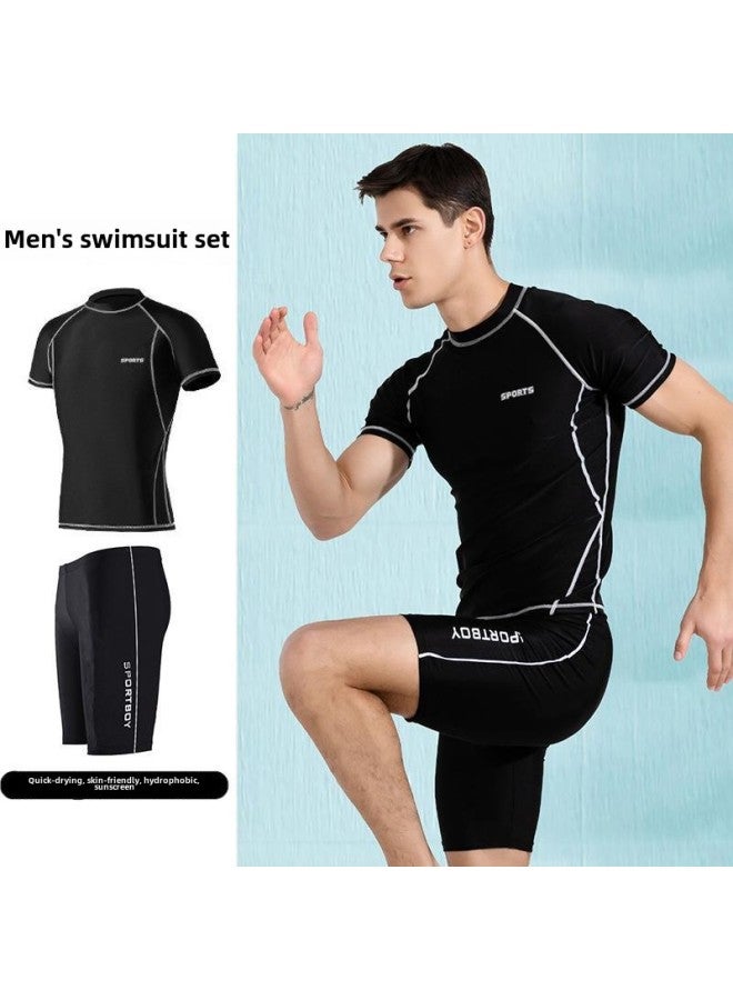 Generic Swimwear Men's Split Two-piece Set Men's Sunscreen Short-sleeved Surfing Scuba Suit Large Size Beach Swimming Trunks For Men-Color:Black Top +1014 Swimming Trunks-Size:L（50-55kg）  - Image 1