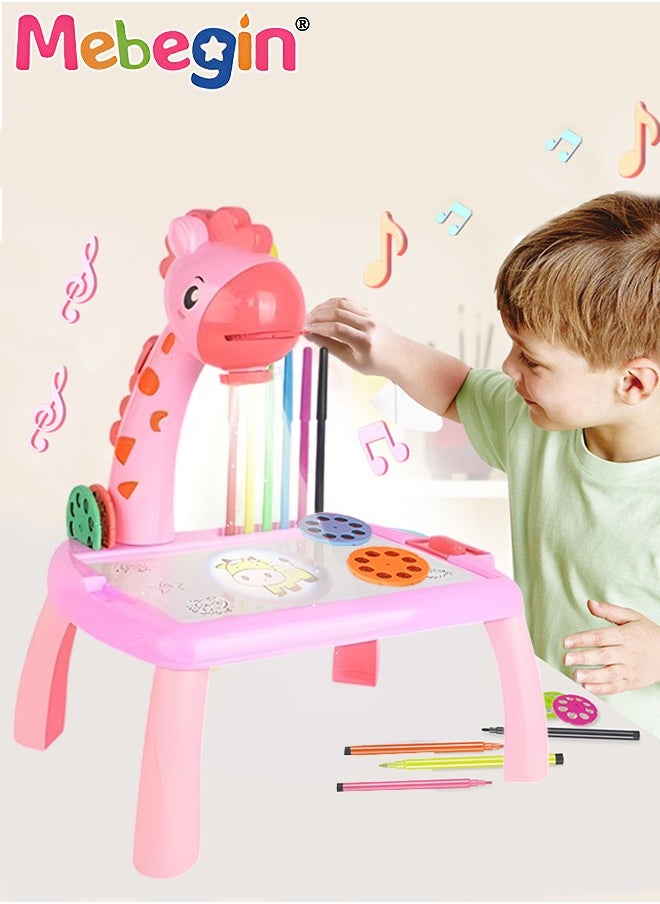 MEBEGIN - Kids Projection Drawing Table with Music, Erasable Graffiti Board, Writing and Painting Set with 12 Colored Pens and 24 Projection Patterns, Drawing Supplies, Early Educational Drawing Toys, 3 AA Batteries Required(Not Included) - Image 1