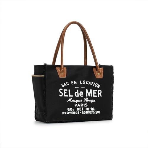 Lamyba Sel De Mer Canvas HandBag Upcycled Canvas Vegan Leather Tote Bag,Small Brown - Image 1