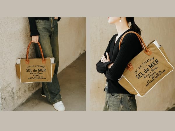 Lamyba Sel De Mer Canvas HandBag Upcycled Canvas Vegan Leather Tote Bag,Small Brown - Image 5