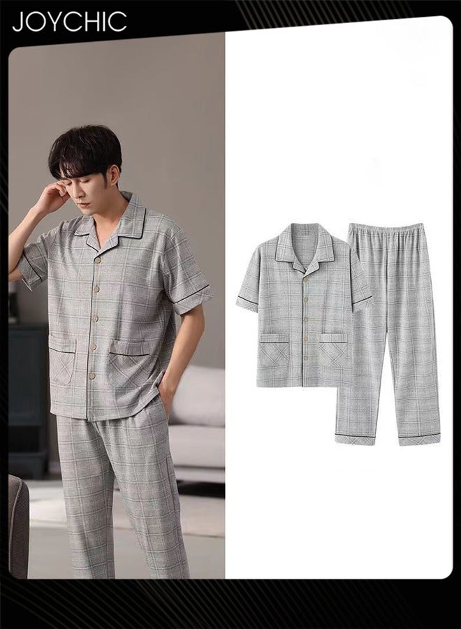 Joychic 2-piece Leisure Men Pajamas Set Pure Cotton Skin-friendly Lattice Short-sleeved Trousers Loose Youth Home Sleepwear Breathable Cardigan Suit Grey for Spring Summer Autumn - Image 1