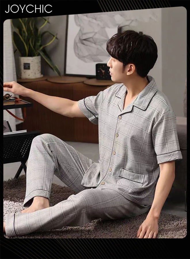 Joychic 2-piece Leisure Men Pajamas Set Pure Cotton Skin-friendly Lattice Short-sleeved Trousers Loose Youth Home Sleepwear Breathable Cardigan Suit Grey for Spring Summer Autumn - Image 2