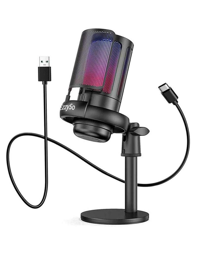 EzzySo - ميكروفون ألعاب للكمبيوتر الشخصي، ميكروفون USB لألعاب الكمبيوتر لجهاز Mac PS4 PS5، ميكروفون مكثف مع تحكم سريع في RGB لتسجيل بث البث المباشر ومقاطع الفيديو Twitch Snapchat Podcasts - Image 1