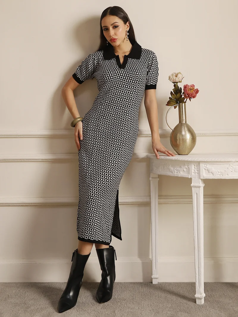 جلو باص فستان نسائي أسود بياقة قميص ونقش هندسي من الأكريليك بفتحة جانبية ضيق متوسط الطول