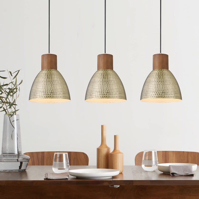 ELYONA Hammered Pendant Lights for Kitchen Island 7 Small Solid Wood Vintage Metal Hanging Light Fixture Adjustable Height Antique Gold Pendant Lamp for Farmhouse Dining Room Brushed Brass 3 Pack