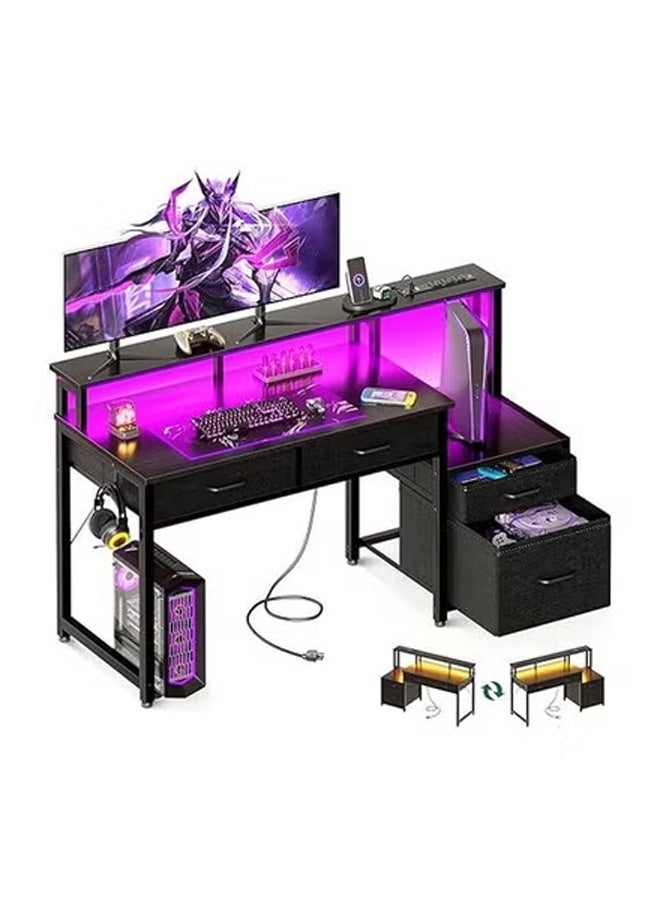 كيكي مكتب كمبيوتر مع رف طابعة ومخرج طاقة - مكتب مع أضواء شريطية LED وطاولة محطة عمل للمكتب المنزلي - Image 1