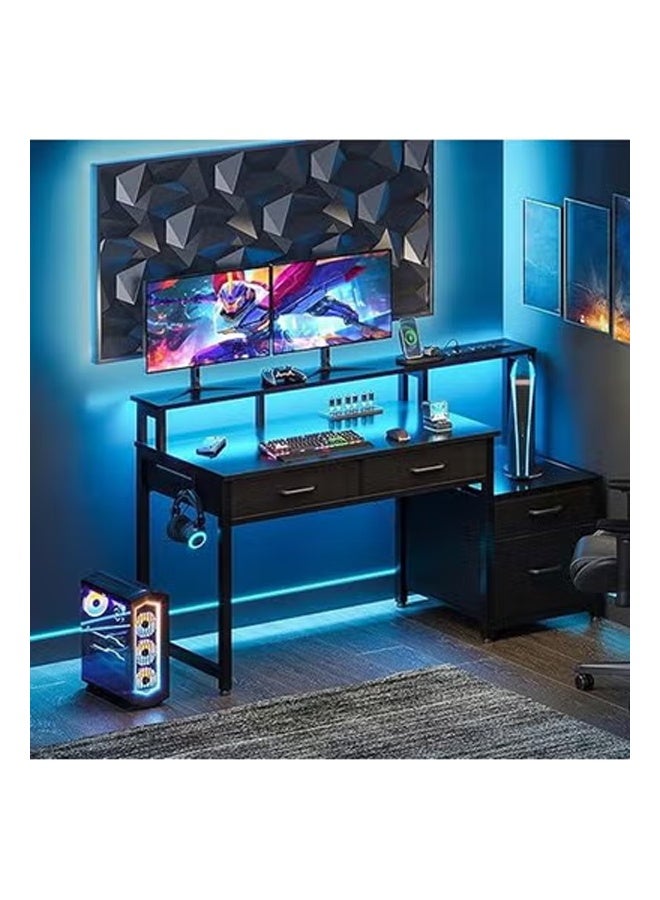 كيكي مكتب كمبيوتر مع رف طابعة ومخرج طاقة - مكتب مع أضواء شريطية LED وطاولة محطة عمل للمكتب المنزلي - Image 2