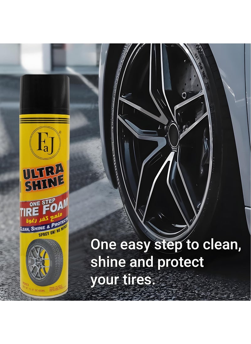 FAJ - FAJ Ultra Shine Tire Foam, One-Step Spray Cleaner – Cleans, Shines & Protects, No Wiping Needed, Fast Drying, Intense Cleaning Foam, Restores Deep Black Look, 650ml - Image 1