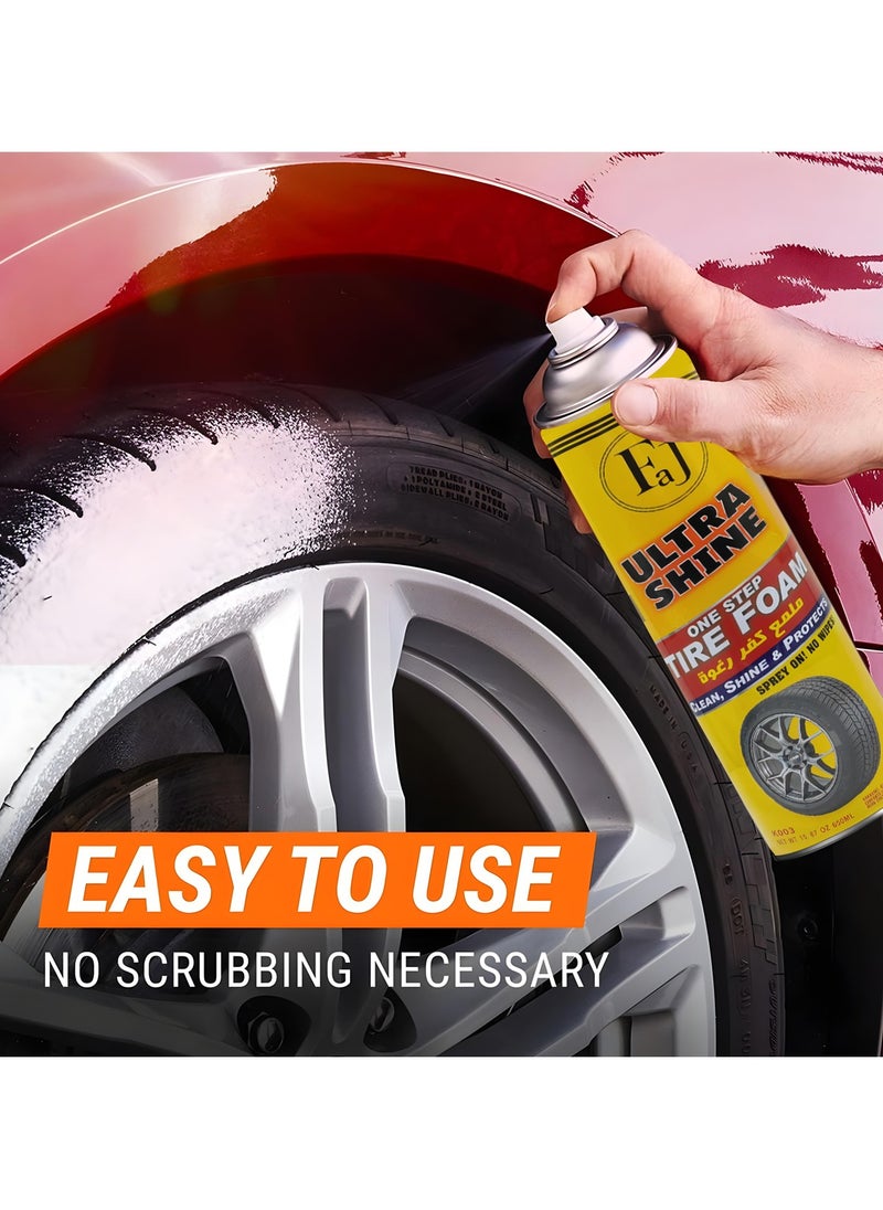 FAJ - FAJ Ultra Shine Tire Foam, One-Step Spray Cleaner – Cleans, Shines & Protects, No Wiping Needed, Fast Drying, Intense Cleaning Foam, Restores Deep Black Look, 650ml - Image 1