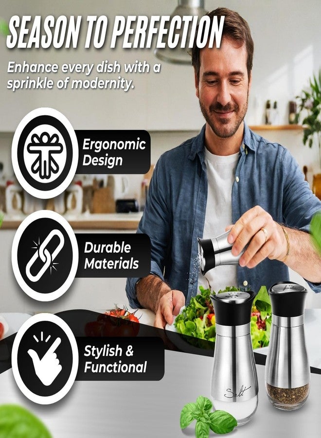 Flexzion Modern Salt and Pepper Shakers Set, Glass Canister Dispenser with Stainless Steel Sleeve and Black Lid for Spices, Sea/Kosher/Himalayan Salts and Pepper - Silver (Set of 2) - Image 4