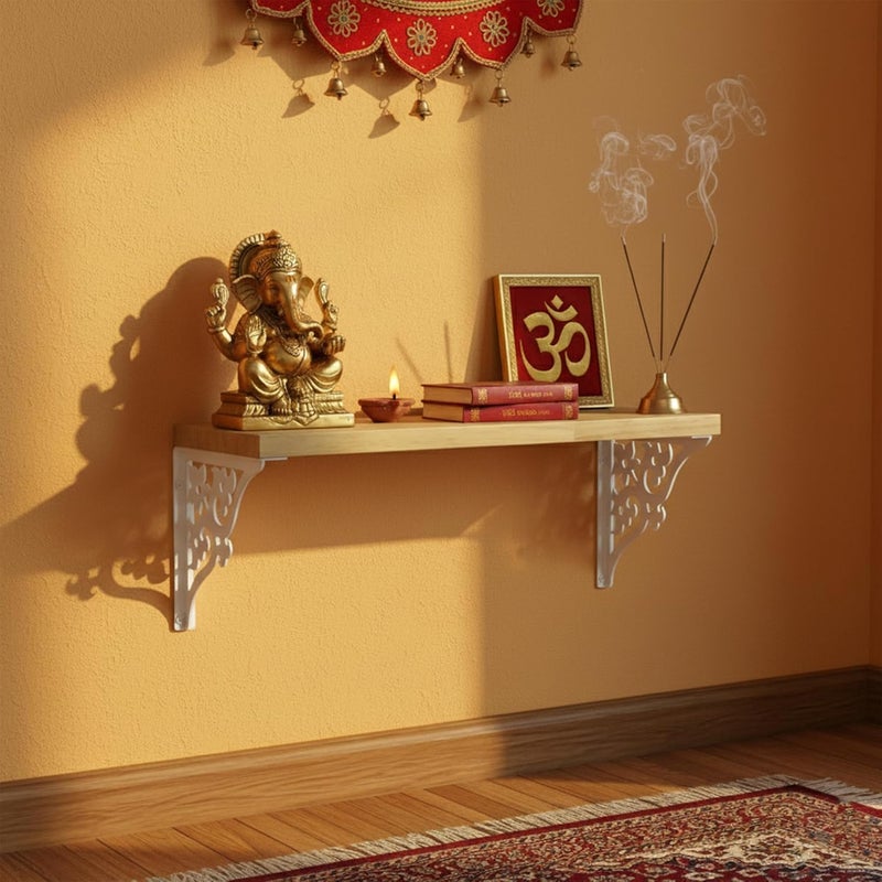 Spillbox Wooden Pooja Home Temple|White Metal Shelf |Wall Mountable|Easy Screw Assembly|Home Temple for Puja Room |Pooja Stand | Mandir-Triple Floral (Small White) - Image 1