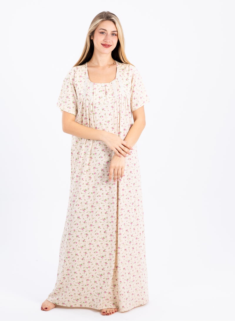 zecotex  Summer Maxi Abaya | White Viscose Long Nightgown with Floral Print & Long Sleeves | Elegant & Lightweight Dress | Ultimate Comfort Women's Homewear  - Image 1