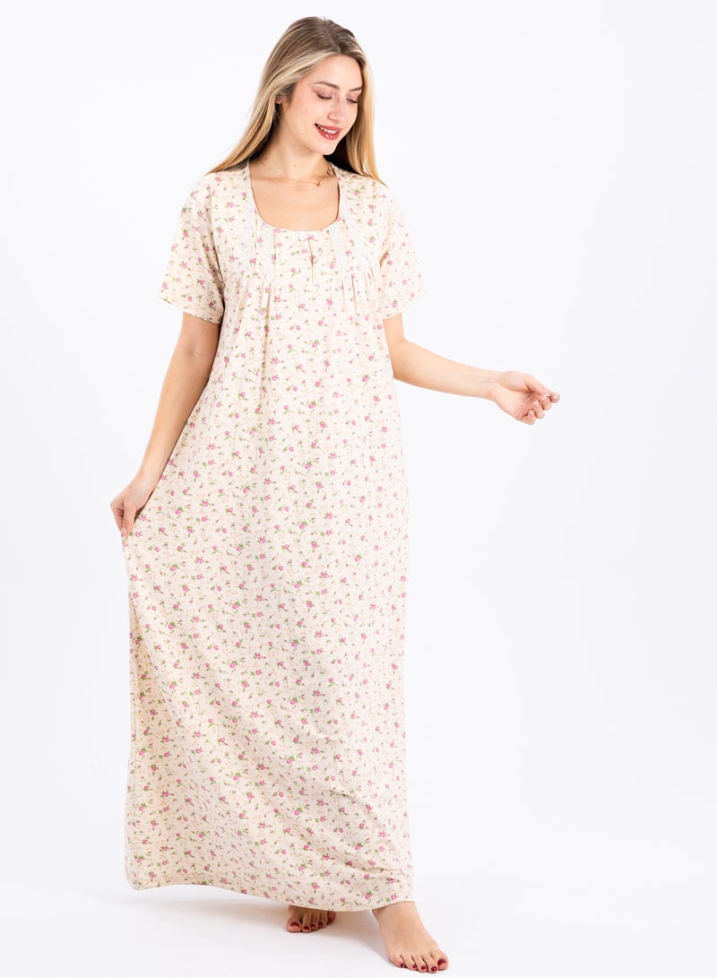 zecotex  Summer Maxi Abaya | White Viscose Long Nightgown with Floral Print & Long Sleeves | Elegant & Lightweight Dress | Ultimate Comfort Women's Homewear  - Image 2