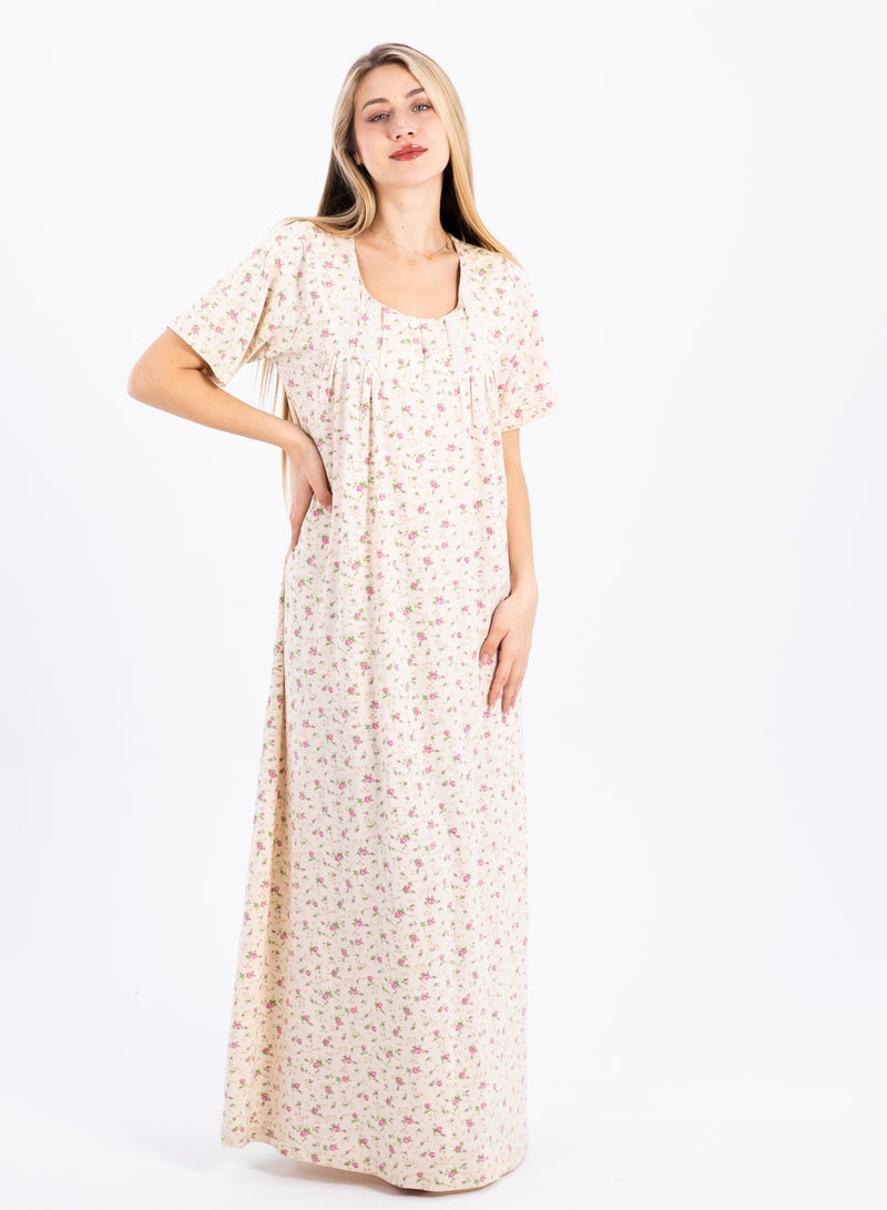 zecotex  Summer Maxi Abaya | White Viscose Long Nightgown with Floral Print & Long Sleeves | Elegant & Lightweight Dress | Ultimate Comfort Women's Homewear  - Image 3