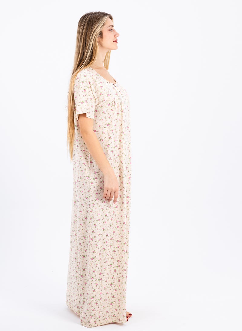 zecotex  Summer Maxi Abaya | White Viscose Long Nightgown with Floral Print & Long Sleeves | Elegant & Lightweight Dress | Ultimate Comfort Women's Homewear  - Image 4