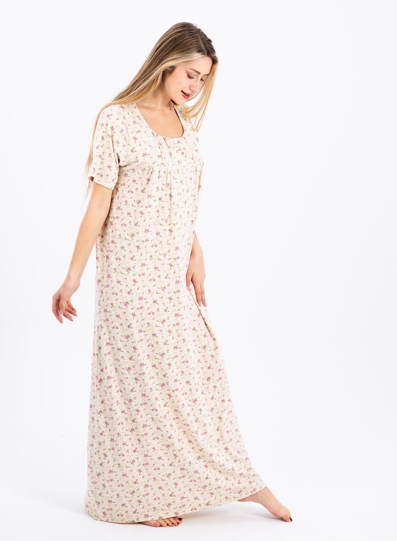 zecotex  Summer Maxi Abaya | White Viscose Long Nightgown with Floral Print & Long Sleeves | Elegant & Lightweight Dress | Ultimate Comfort Women's Homewear  - Image 5