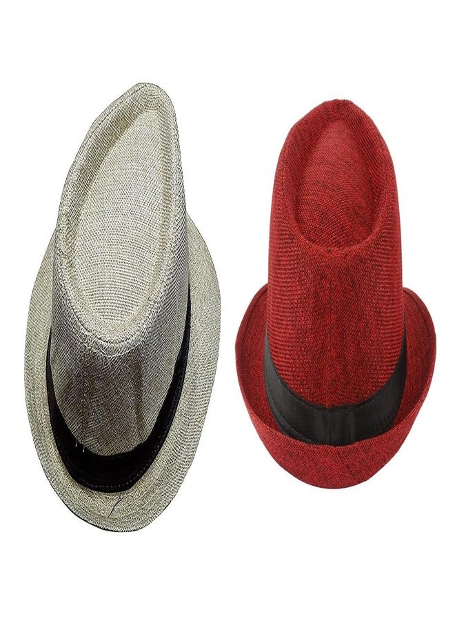 PrimeBox Men Fedora Hat Trilby Hat Straw Sun Panama Western Style Outdoor Sun Protect for Men and Women Headwear (Skin and Red) - Image 1