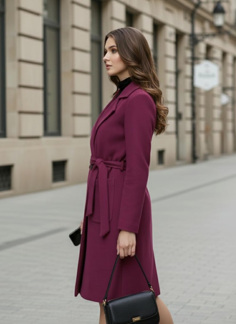 CHKOKKO Women Stylish Winter Wear Coat Double Breasted | Knee Length Design with Notched Lapel, Tie Belt and Front Pockets| Perfect for Formal and Semi Formal Wear PURPLE S - Image 5