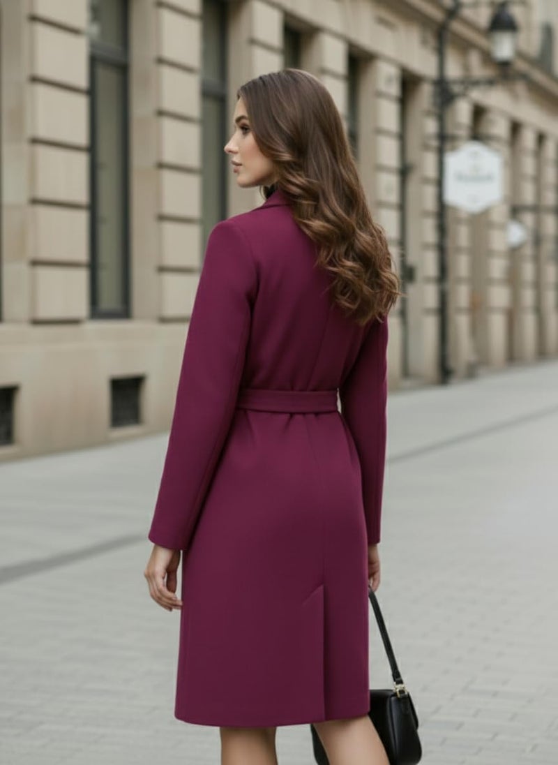 CHKOKKO Women Stylish Winter Wear Coat Double Breasted | Knee Length Design with Notched Lapel, Tie Belt and Front Pockets| Perfect for Formal and Semi Formal Wear PURPLE S - Image 4