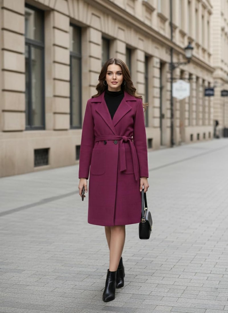 CHKOKKO Women Stylish Winter Wear Coat Double Breasted | Knee Length Design with Notched Lapel, Tie Belt and Front Pockets| Perfect for Formal and Semi Formal Wear PURPLE S - Image 3