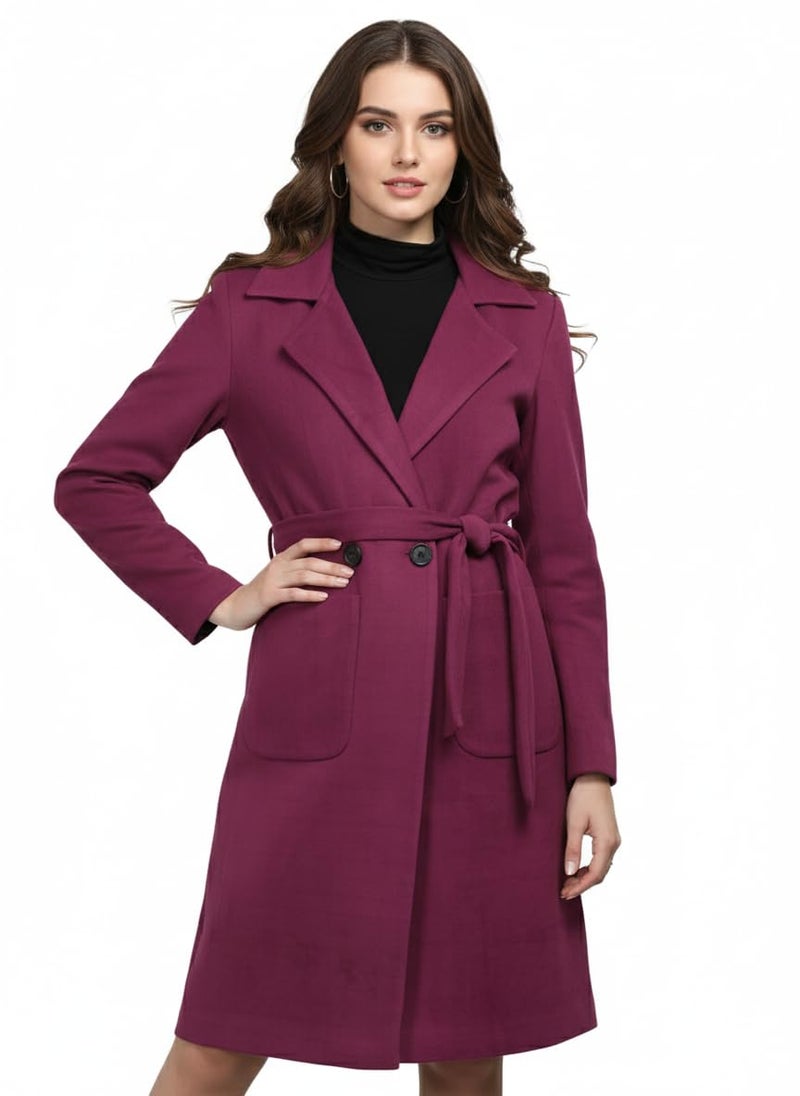 CHKOKKO Women Stylish Winter Wear Coat Double Breasted | Knee Length Design with Notched Lapel, Tie Belt and Front Pockets| Perfect for Formal and Semi Formal Wear PURPLE S - Image 1
