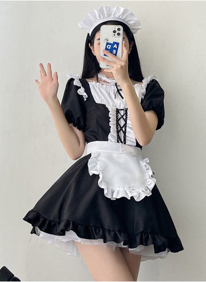 Loquat - Japanese Soft Girl Maid's Short Sleeved Luoli Dress Cosplay Anime Black - Image 1
