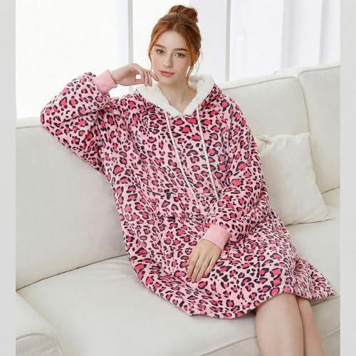 Qeils Wearable Blanket Hoodie for Women, Comfy Sherpa Sweatshirt Blanket as Birthday Christmas Gifts, Oversized Pullover Jacket Blanket Hoodie for Adult (Pink Leopard, Adult) - Image 2