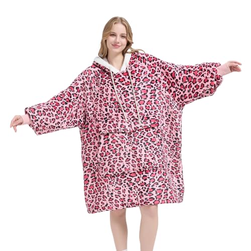 Qeils Wearable Blanket Hoodie for Women, Comfy Sherpa Sweatshirt Blanket as Birthday Christmas Gifts, Oversized Pullover Jacket Blanket Hoodie for Adult (Pink Leopard, Adult) - Image 1