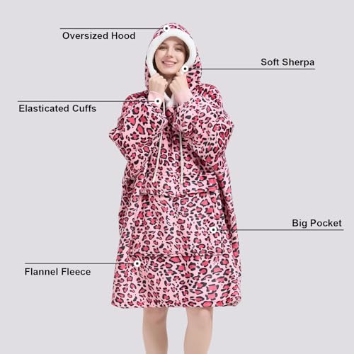 Qeils Wearable Blanket Hoodie for Women, Comfy Sherpa Sweatshirt Blanket as Birthday Christmas Gifts, Oversized Pullover Jacket Blanket Hoodie for Adult (Pink Leopard, Adult) - Image 4