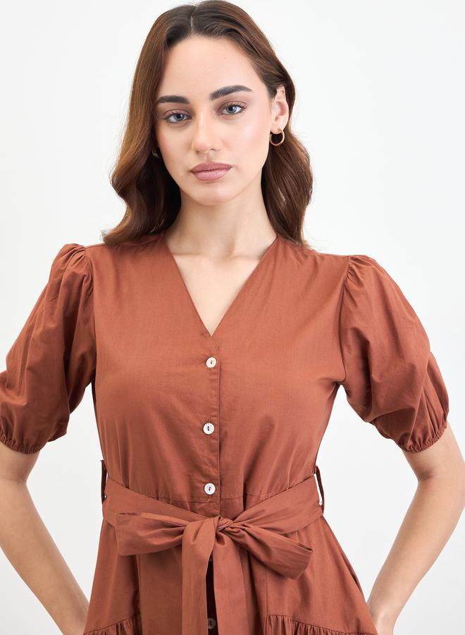 ستايلي فستان ميدي بوبلين بني بكم منفوخ وبخصر منخفض - Image 2