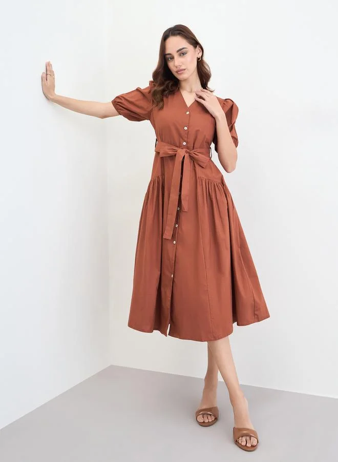 ستايلي فستان ميدي بوبلين بني بكم منفوخ وبخصر منخفض