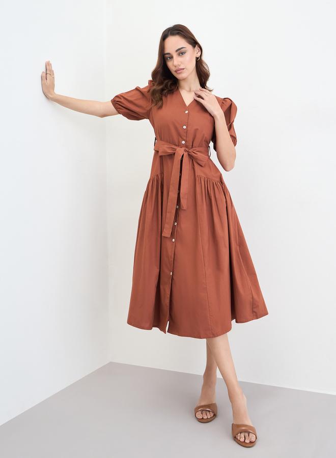 ستايلي فستان ميدي بوبلين بني بكم منفوخ وبخصر منخفض - Image 1