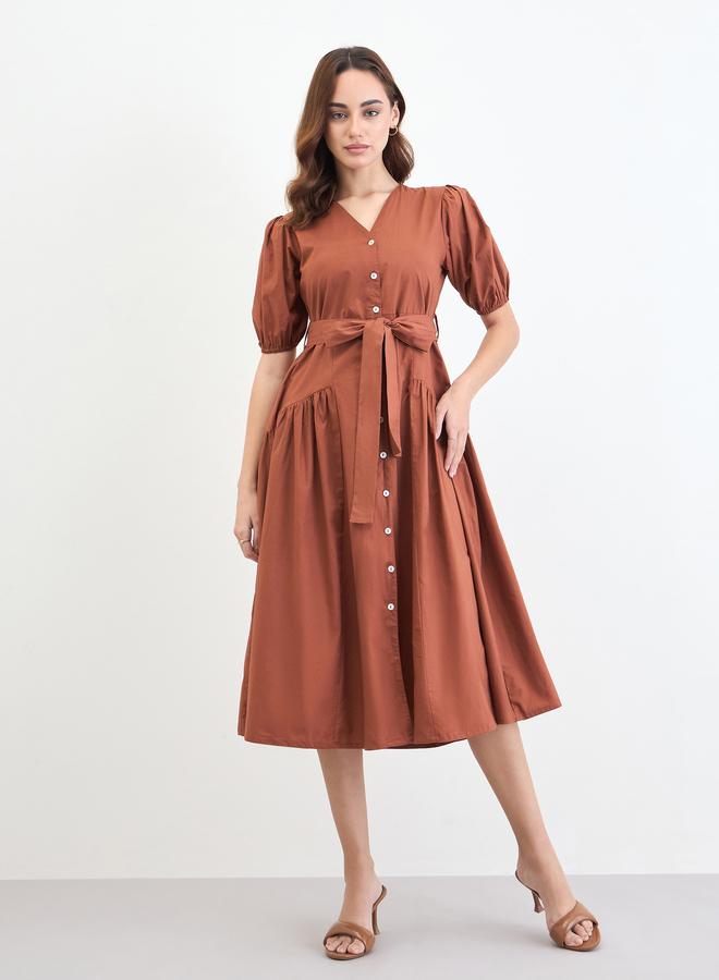 ستايلي فستان ميدي بوبلين بني بكم منفوخ وبخصر منخفض - Image 3