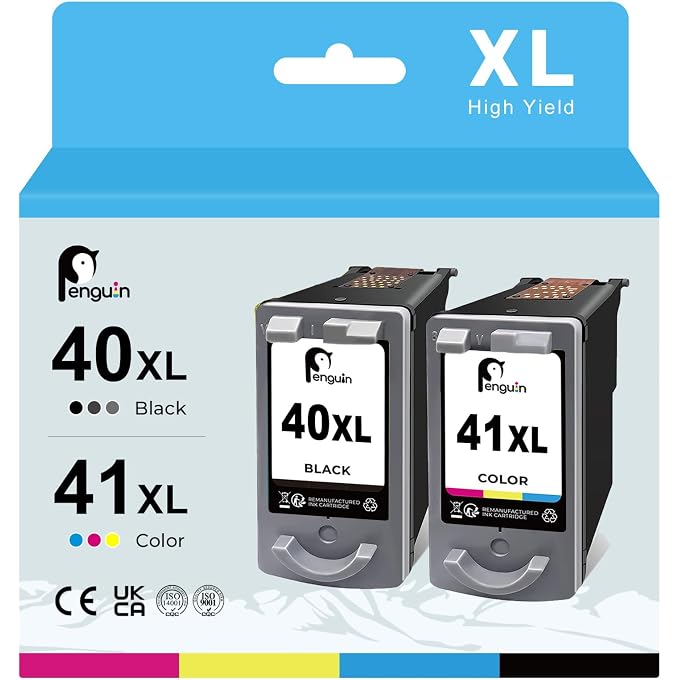 Penguin 40XL 41XL Ink Cartridges Remanufactured for PG-40 CL-41 for PIXMA Pixma MP140 MP470 MP150 MP190 MP160 iP2500 iP1800 iP2600 MP210 MX300 MX310 Printers 40 41 XL Black and Color