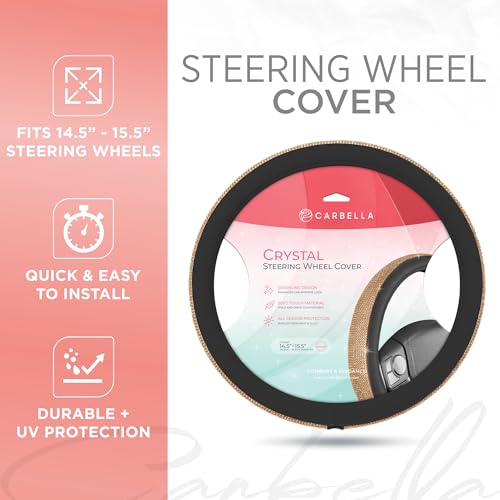 Carbella Leatherette Crystal Bling Steering Wheel Cover for Car SUV, Glitter Sparkle Rhinestone Cute Car Accessories for Women Universal Fit Standard Size (Fits 14.5"-15") - Black w/ Gold Bling - Image 3