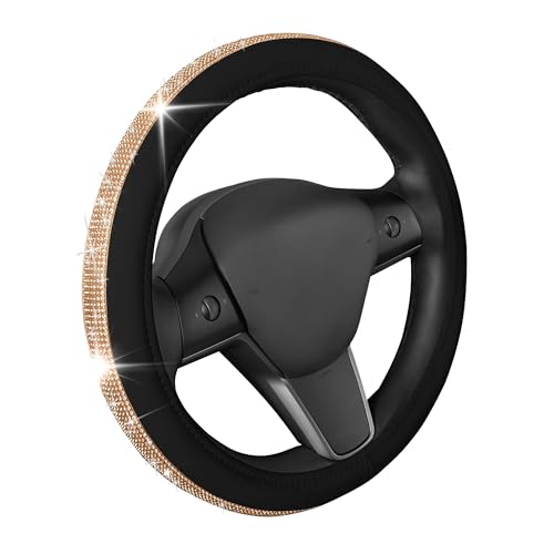 Carbella Leatherette Crystal Bling Steering Wheel Cover for Car SUV, Glitter Sparkle Rhinestone Cute Car Accessories for Women Universal Fit Standard Size (Fits 14.5"-15") - Black w/ Gold Bling - Image 1