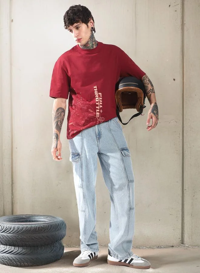 هاي ستار تيشيرت قطن مطبوع برسومات موتو ريسر بياقة دائرية وأكمام قصيرة بقصة مريحة