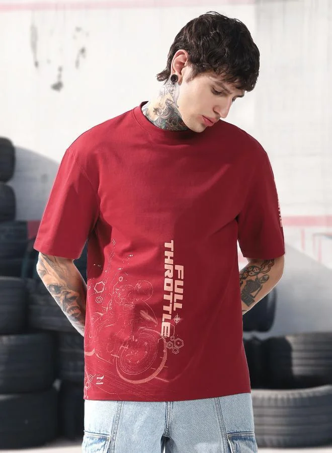 هاي ستار تيشيرت قطن مطبوع برسومات موتو ريسر بياقة دائرية وأكمام قصيرة بقصة مريحة