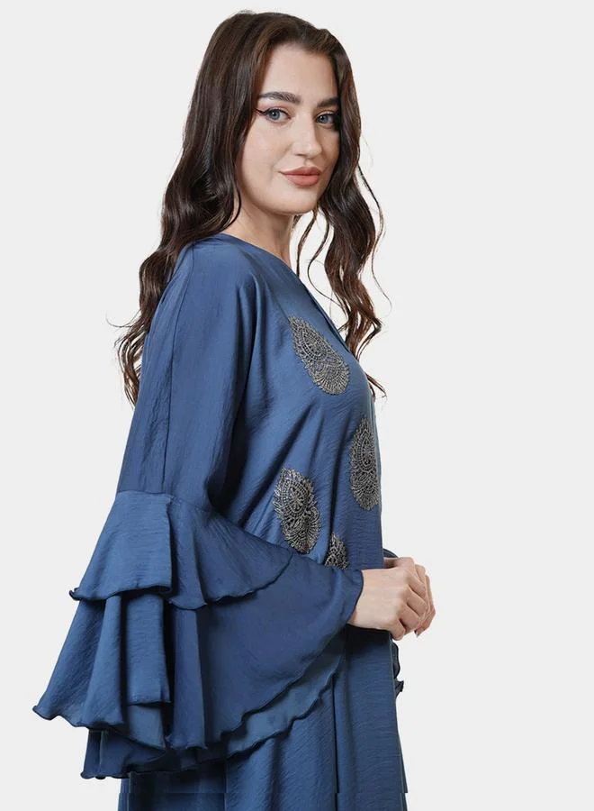 Elena by DStyle Elena by DStyle Ruffled Sleeve V-Neck Lace Detail A-Line Jalabiya