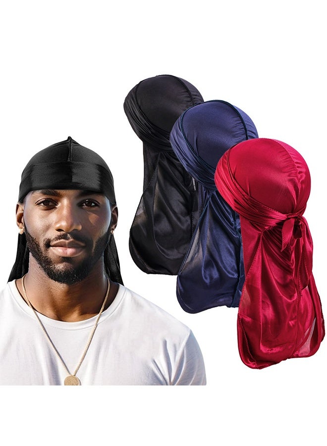 3 Pieces Silky Durags for Men Women 360 Waves, Silk Elastic Head Cap, Long-tailed Pirate Cap - Black / Burgundy / Navy Blue - Image 1
