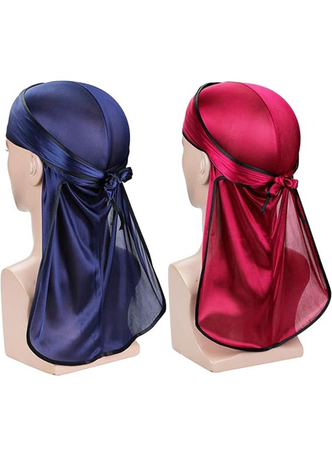 3 Pieces Silky Durags for Men Women 360 Waves, Silk Elastic Head Cap, Long-tailed Pirate Cap - Black / Burgundy / Navy Blue - Image 2