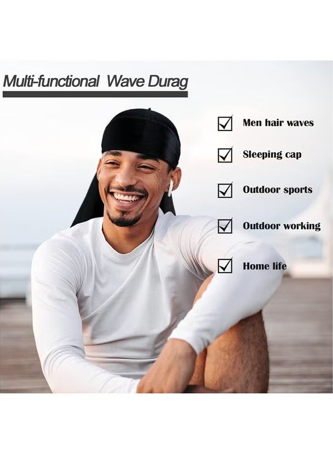 3 Pieces Silky Durags for Men Women 360 Waves, Silk Elastic Head Cap, Long-tailed Pirate Cap - Black / Burgundy / Navy Blue - Image 5